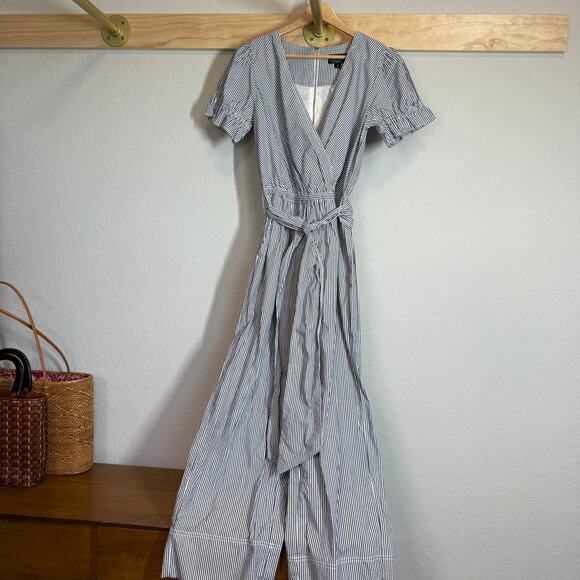 J. Crew Women's Blue Pinstripe Short Sleeve Tie Waist Jumpsuit Size 0 NEW - Picture 2 of 8